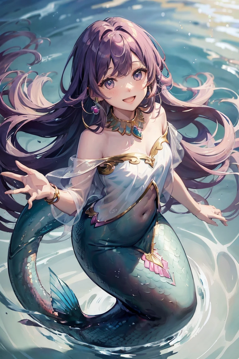 ((masterpiece, highest quality)), ((mermaid)),1 girl, pink wavy long hair, purple eyes, open mouth, smiling, happy, cute, shining crystal earrings, rainbow colors, looking at viewer, looking ahead, from above, underwater, bubbles, sunlight streaming in