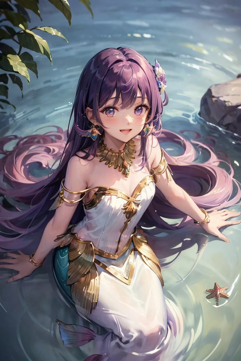 ((masterpiece, highest quality)), ((mermaid)),1 girl,  pink wavy long hair, purple eyes, open mouth, smiling, happy, cute, shining crystal earrings, rainbow colors, looking at viewer, looking ahead, from above, underwater, bubbles, sunlight streaming in