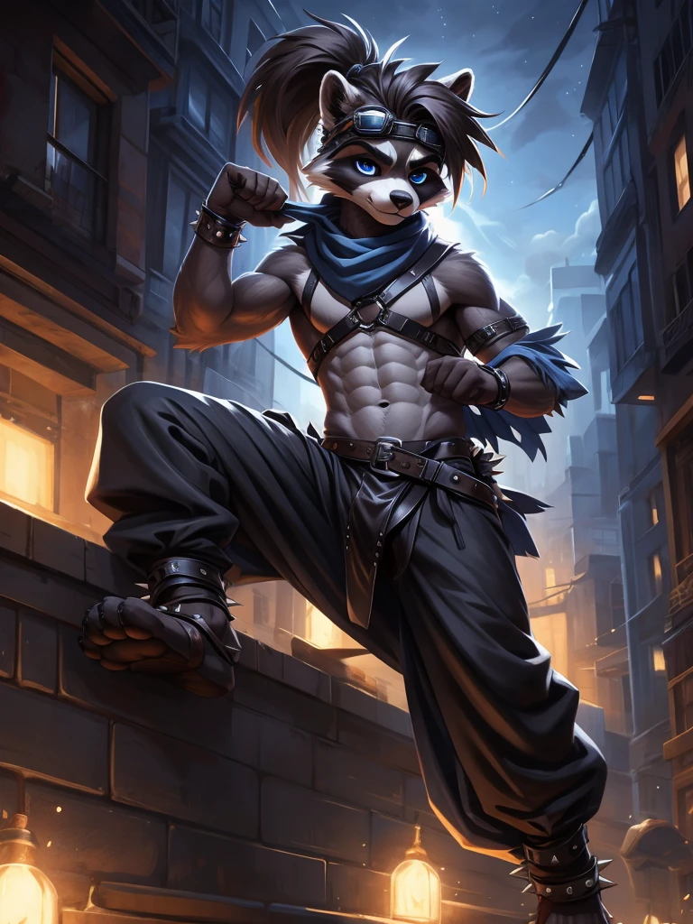 no lighting, deep shadow, dynamic angle, Solo, teen furry, furry, teen, raccoon, grey body, long brown spiked_ponytail, Detailed body fur, long blue scarf, leather_harness, blue_loincloth, goggles, masterpiece, gray body, Detailed face, big eyebrows, blue eyes, detailed eyes, No muscles, Detailed hands, Flat body, Skinny, Detailed paws, metal cuffs on wrists, black baggy pants, no shirt, street, night, no underwear, laying, bored