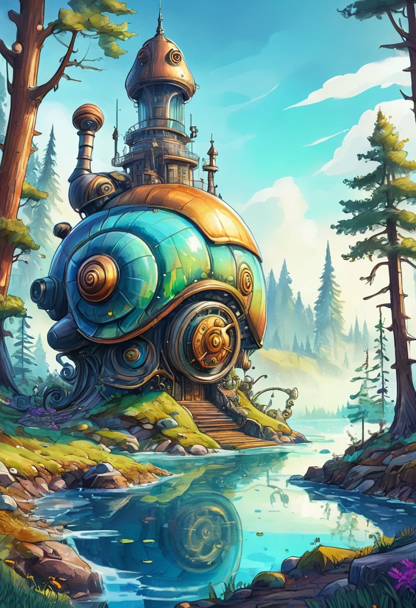 Snail steampunk style in a fantastic world forest, Nordic fantasy, cartoon style, water color style, perfect illustration, oil draw, sketchbook,. 