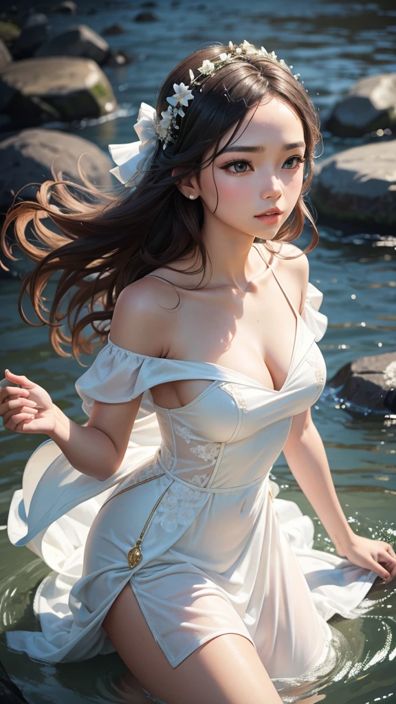 A beautiful woman, wearing a white and gold dress with sparkling tips, was in the river. 