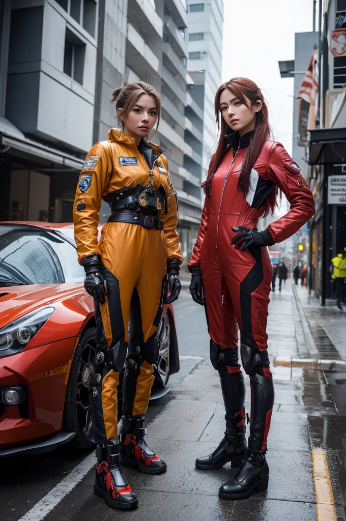 Evangellion Asuka (hair pulled back, iconic pilot suit) is standing next to her Ava(mecha), wartorn city