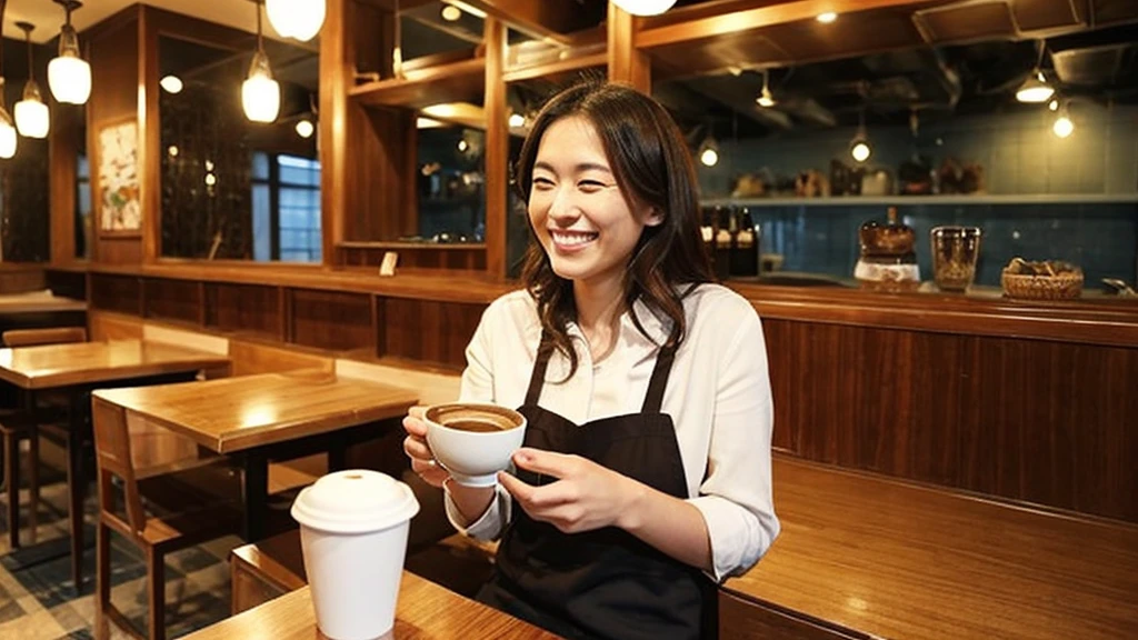 テーブルの上の受け皿にcoffeeカップが置かれ、sitting at a mocha-colored table、Cozy cafe background、coffeeカップ、coffeeカップ、cappuccino、朝のcoffee、熱いcoffee、喫茶店でcoffeeを楽しむ、coffee、湯気の立つcoffee、Smiling woman in her 20s with long hair
