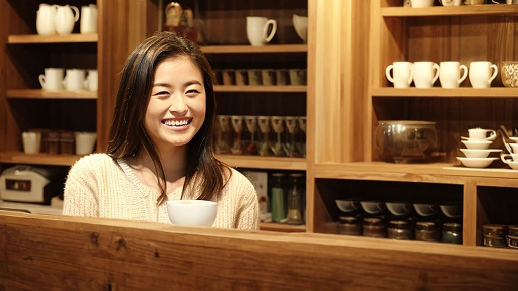 テーブルの上の受け皿にcoffeeカップが置かれ、sitting at a mocha-colored table、Cozy cafe background、coffeeカップ、coffeeカップ、cappuccino、朝のcoffee、熱いcoffee、喫茶店でcoffeeを楽しむ、coffee、湯気の立つcoffee、Smiling woman in her 20s with long hair