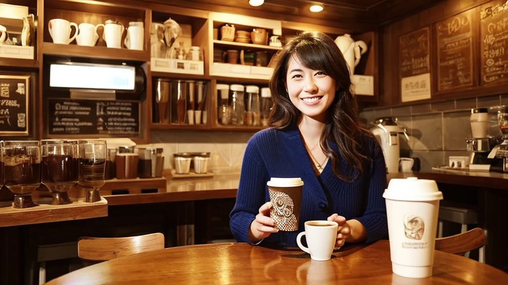 テーブルの上の受け皿にcoffeeカップが置かれ、sitting at a mocha-colored table、Cozy cafe background、coffeeカップ、coffeeカップ、cappuccino、朝のcoffee、熱いcoffee、喫茶店でcoffeeを楽しむ、coffee、湯気の立つcoffee、Smiling woman in her 20s with long hair