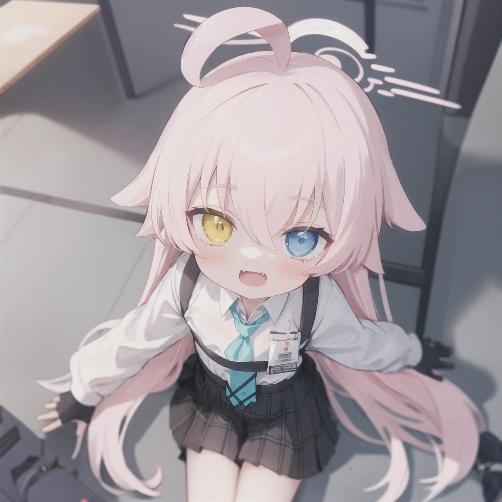 hoshinodef, 1girl, solo, masterpiece, best quality, long hair,pink hair, heterochromia,blue eyes,yellow eyes,flat chest, hair between eyes,fang out,