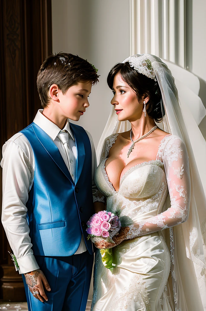 ((Mother and son getting married picture:1.5)), Ultra detailed photo of a ultra sexual incredibly gorgeous Ukrainian 32 year old sexy angelic supermodel mother bride in a gothic cathedral, ((ultra sexy bridal miniskirt:1.5)), mystical lights, backlit, ((very detailed faces)), focus on face, (very deep cleavage:1.5), ink lines, dynamic, modern, awe inspiring, whimsical, complex, dreamlike, magical, visually stunning, high contrast, soft colors, high quality fingers, normal hands, detailed fingers, ((Ultra high focus:1.5)), Absurd resolution, ((high resolution:1.5)), (masterpiece: 1.4), super detailed, (((detailed face, detailed expression)), (realistic, photo-realistic:1.37), (full body:1.5), (masterpiece), best quality, ultra beautiful woman, slender legs, sexy slender legs, thin waist, blonde hair, bright blue eyes, cute round ass, with a fun quirky smile, unbuttoned blouse, view from the front