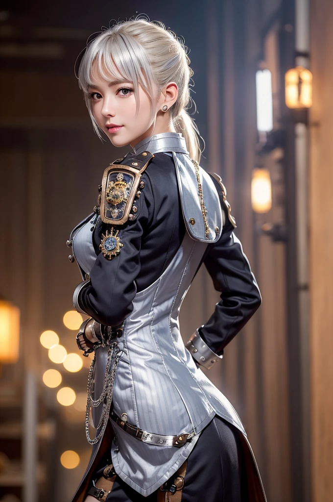 Woman portrait、Highest quality、Rear view、8K,Detailed face, clear, Fine skin、Clear, beautiful eyes、whole body、(Curly Hair)、My hair was messed up by the wind、The beauty of a smile、(Glamorous Muscle、tall),(Hip_superior, Hip superior), Woman,( Watching the audience),Realistic, High resolution, Soft Light,1 female, alone, Hipアップ, Glowing Skin, (Detailed face), Sexy se, Perfect Style, Perfect balance,Platinum gold hair,Long Hair,Naughty look,((Steampunk red hanbok、brocade pattern、star print))(Red Mecha, High-tech Mecha,Beautiful steampunk cyborg woman,Steampunk Mecha Cyborg Girl、drawstring、spikes,beads,elbow gloves,Short jeweled tie,silver dress shirt,wrist cuffs,Gemstone Helmet,belt steampunk bodystocking,High leg),((arms behind back)),(bokeh),(studio lighting)