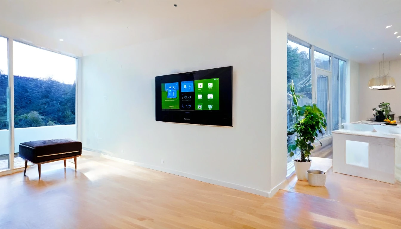 Users interact with a large touchscreen mounted on a wall in a smart home. (show when a person or user touches the screen), The screen displays various controls for home automation, such as lighting, temperature, and security systems. This room has modern furnishings, indoor plants and sleek gadgets that are perfectly integrated into the decor. (Elements: Touch screen, smart home, home automation, modern furniture). (HD focus, HD realistic, 8k image, super detail)
