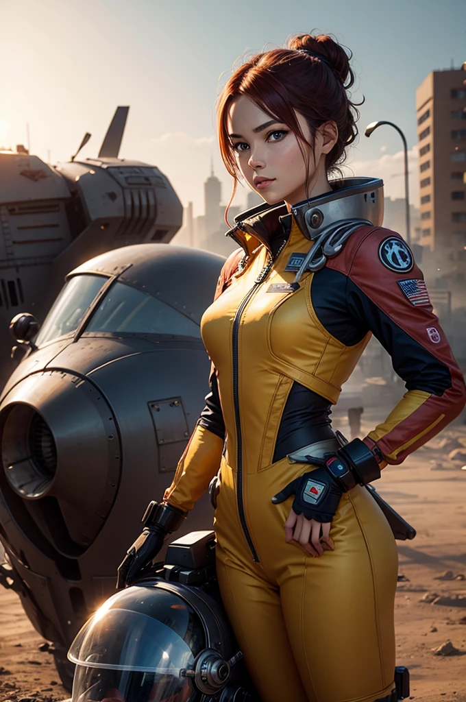 Evangellion Asuka (hair pulled back, iconic pilot suit) is standing next to her Ava(mecha), wartorn city
