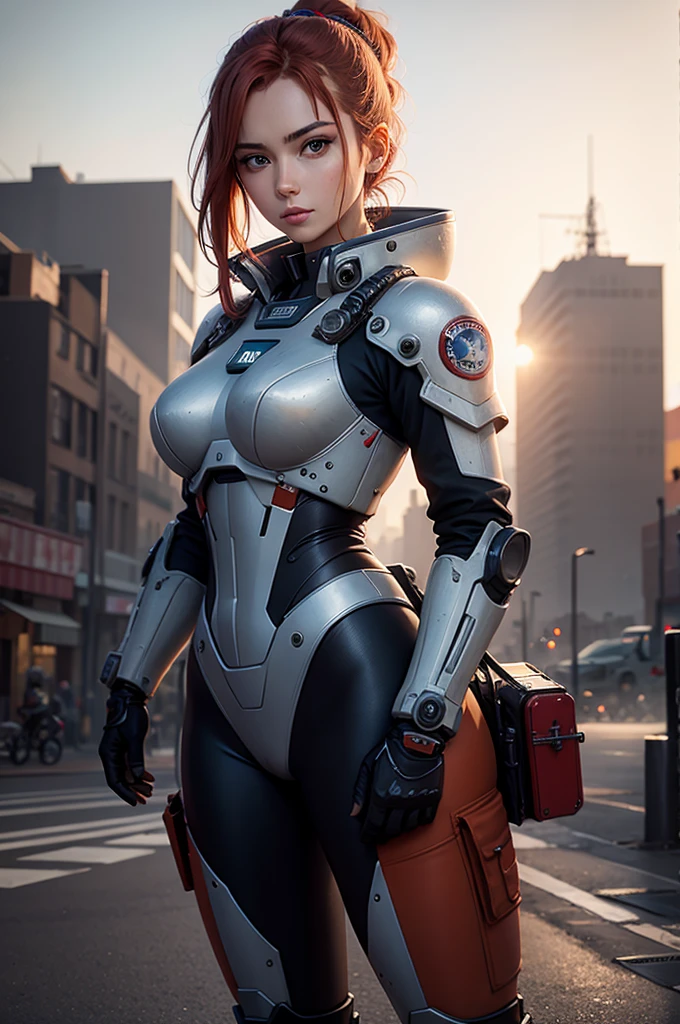 Evangellion Asuka (hair pulled back, iconic pilot suit) is standing next to her Ava(mecha), wartorn city