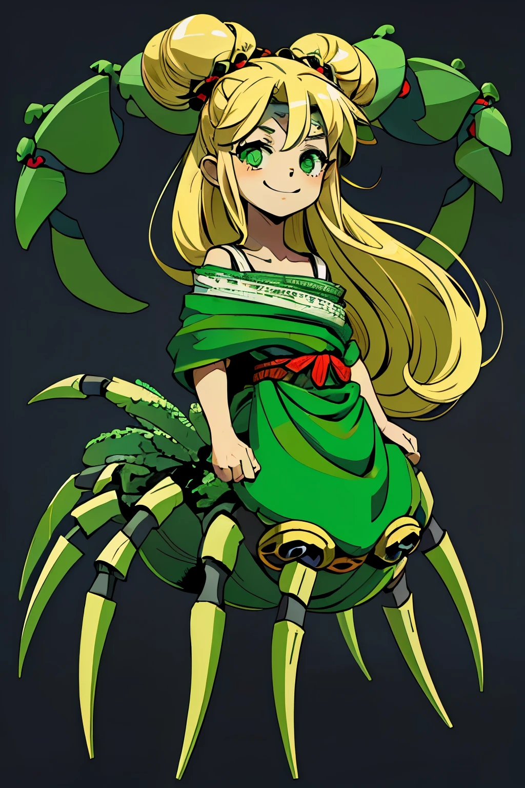 1girl, young, , 6 years i, komusume, flat chest, blonde long hair, green clothes, green eyes, innocent expresion, smiling, arachnid style, spider body, background filled fumes, background filled with greek columns, Tartarus scenery, in Tartarus, surrounded by giant greek columns, greek scenery and furniture, detailed background, main character, hades style, Arachne, spider legs coming from her back