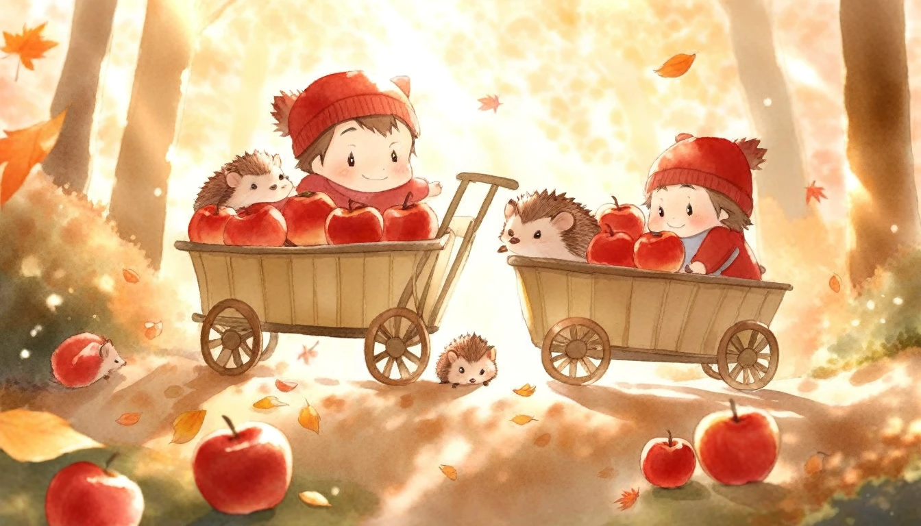 a family of hedgehogs wearing red knit hats walking on a forest path covered in fallen leaves, father pushing a cart full of red apples, curious baby hedgehogs looking around, sunlight filtering through leaves creating dappled lighting, warm autumn atmosphere, watercolor, soft lighting, delicate details, whimsical, heartwarming