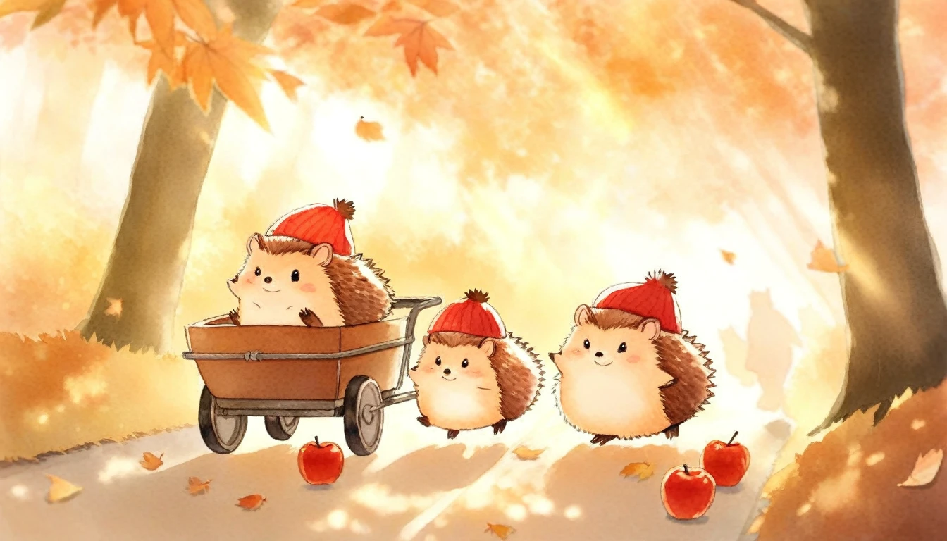a family of hedgehogs wearing red knit hats walking on a forest path covered in fallen leaves, father pushing a cart full of red apples, curious baby hedgehogs looking around, sunlight filtering through leaves creating dappled lighting, warm autumn atmosphere, watercolor, soft lighting, delicate details, whimsical, heartwarming