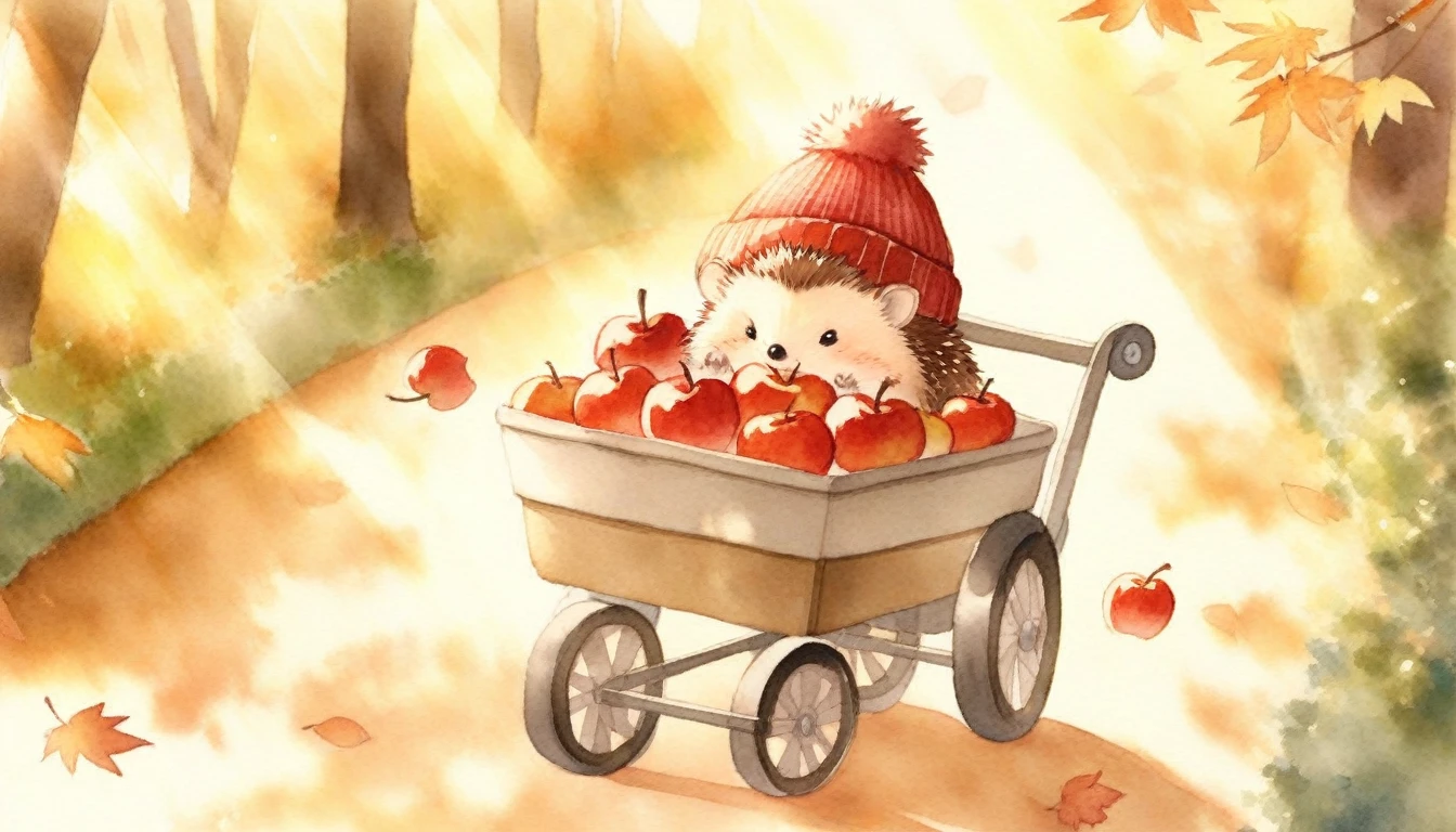 a family of hedgehogs wearing red knit hats walking on a forest path covered in fallen leaves, father pushing a cart full of red apples, curious baby hedgehogs looking around, sunlight filtering through leaves creating dappled lighting, warm autumn atmosphere, watercolor, soft lighting, delicate details, whimsical, heartwarming