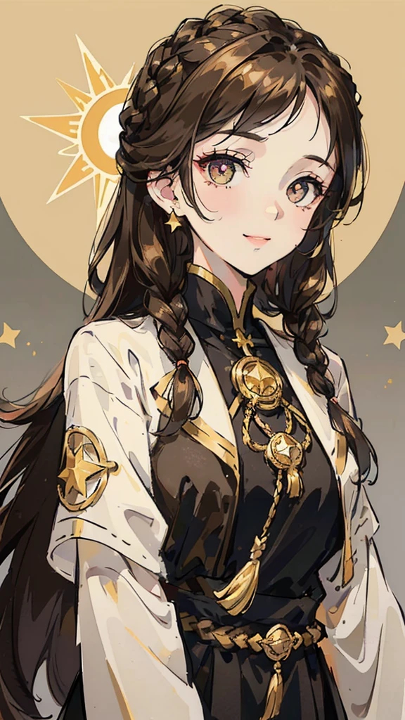 Woman , FOV, f1.8, masterpiece, front portrait shot, black and gold casual modern clothing, plain gold colored background, close up, smiling, front bangs, braid on the left side of hair, ( Woman))( ( golden colored eye in the right eye) ) ( (dark gray eye in the left eye) ) ( ( star-shaped pupil in the left eye) ), ( ( dark brown hair in the half right side of hair) ), ( (light brown hair in the half left side of hair ) ), ( (split dyed hair ) ) , star shaped eye pupil, white colored eye pupil