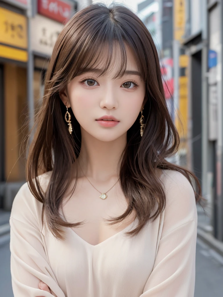  ((Highest quality, 8K, masterpiece:1.3)), concentrate: 1.2, Perfect body beauty: 1.4, Hips: 1.2, ((Long Hair, chest: 1.2)), (Dry clothes: 1.1) , (clear, Simple Background:1.3), Simple clothes: 1.1, Highly detailed face and skin texture,Delicate eyes, double eyelid, Whitened skin, Rough skin、Long Hair、Earrings with bangs、necklace、 solo、Beige coat、White shirt,  (((Beautiful girl with cute Japan)))、  ((Beautiful Japanese girl 20 years old))、 ((Baby Face))、 (((Slender body)))、  Upper Body，Face focus、necklace，Simple Background，From above， Realistic Hair、 A photograph was taken:Canon EOS R6、135mm、1/1250 seconds、f2.8、ISO400、(Detailed explanation of the hand)、(Masseter muscle area)、(Exquisite CG)、Long Hair, loose and curly hair、Korean Hair、Long Hair明るいベージュ色、グラデーションハイライトグレージュのゆるふわLong Hairスタイル、