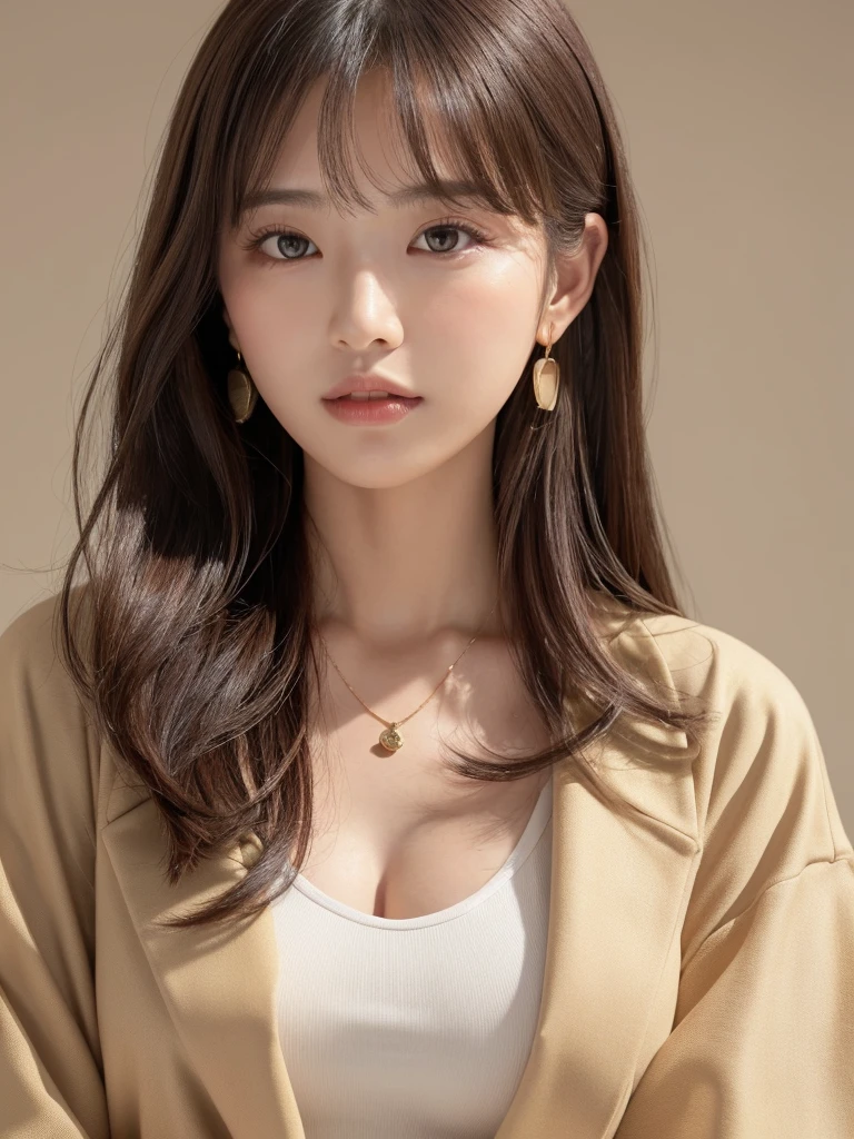 ((Highest quality, 8K, masterpiece:1.3)), concentrate: 1.2, Perfect body beauty: 1.4, Hips: 1.2, ((Long Hair, chest: 1.2)), (Dry clothes: 1.1) , (clear, Simple Background:1.3), Simple clothes: 1.1, Highly detailed face and skin texture,Delicate eyes, double eyelid, Whitened skin, Rough skin、Long Hair、Earrings with bangs、necklace、 solo、Beige coat、White shirt, (((Beautiful girl with cute Japan)))、 ((Beautiful Japanese girl 20 years old))、 ((Baby Face))、 (((Slender body)))、 Upper Body,Face focus、necklace,Simple Background,From above, Realistic Hair、 A photograph was taken:Canon EOS R6、135mm、1/1250 seconds、f2.8、ISO400、(Detailed explanation of the hand)、(Masseter muscle area)、(Exquisite CG)、Long Hair, loose and curly hair、Korean Hair、Long Hair明るいベージュ色、グラデーションハイライトグレージュのゆるふわLong Hairスタイル、