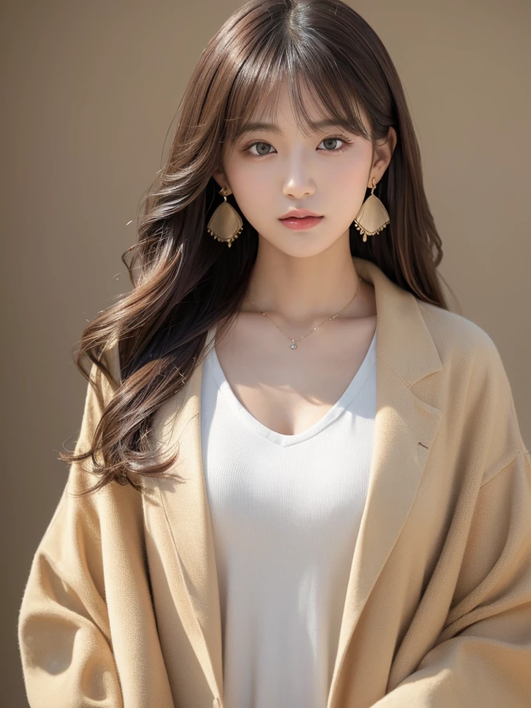  ((Highest quality, 8K, masterpiece:1.3)), concentrate: 1.2, Perfect body beauty: 1.4, Hips: 1.2, ((Long Hair, chest: 1.2)), (Dry clothes: 1.1) , (clear, Simple Background:1.3), Simple clothes: 1.1, Highly detailed face and skin texture,Delicate eyes, double eyelid, Whitened skin, Rough skin、Long Hair、Earrings with bangs、necklace、 solo、Beige coat、White shirt,  (((Beautiful girl with cute Japan)))、  ((Beautiful Japanese girl 20 years old))、 ((Baby Face))、 (((Slender body)))、  Upper Body，Face focus、necklace，Simple Background，From above， Realistic Hair、 A photograph was taken:Canon EOS R6、135mm、1/1250 seconds、f2.8、ISO400、(Detailed explanation of the hand)、(Masseter muscle area)、(Exquisite CG)、Long Hair, loose and curly hair、Korean Hair、Long Hair明るいベージュ色、グラデーションハイライトグレージュのゆるふわLong Hairスタイル、
