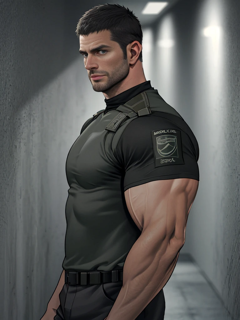 1 person, Solitary, 35 years old, chris redfield, Wearing a gray T-shirt, giggle, Shoulder black,bsaa logo on shoulder, Military tactical clothing, tall and big, Biceps, Abdominal muscles, Chest, best quality, masterpiece, high resolution:1.2, Upper body photo, Dark corridor with dark black background, Delicate face, shadow, Volumetric Lighting, Upper body photo, Low photographic angle,Short sleeve