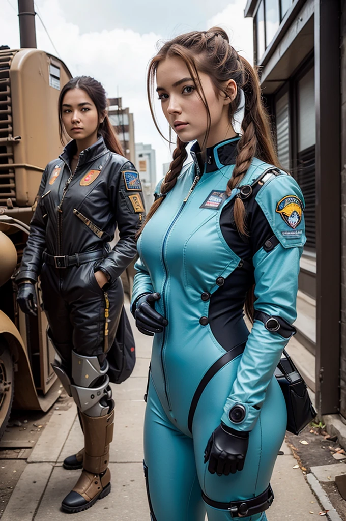 Evangellion Asuka (hair pulled back, iconic pilot suit) is standing next to her Ava(mecha), wartorn city