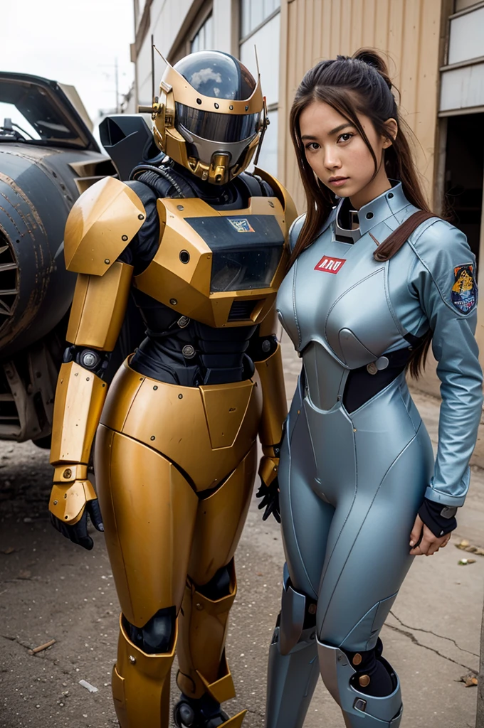 Evangellion Asuka (hair pulled back, iconic pilot suit) is standing next to her Ava(mecha), wartorn city

