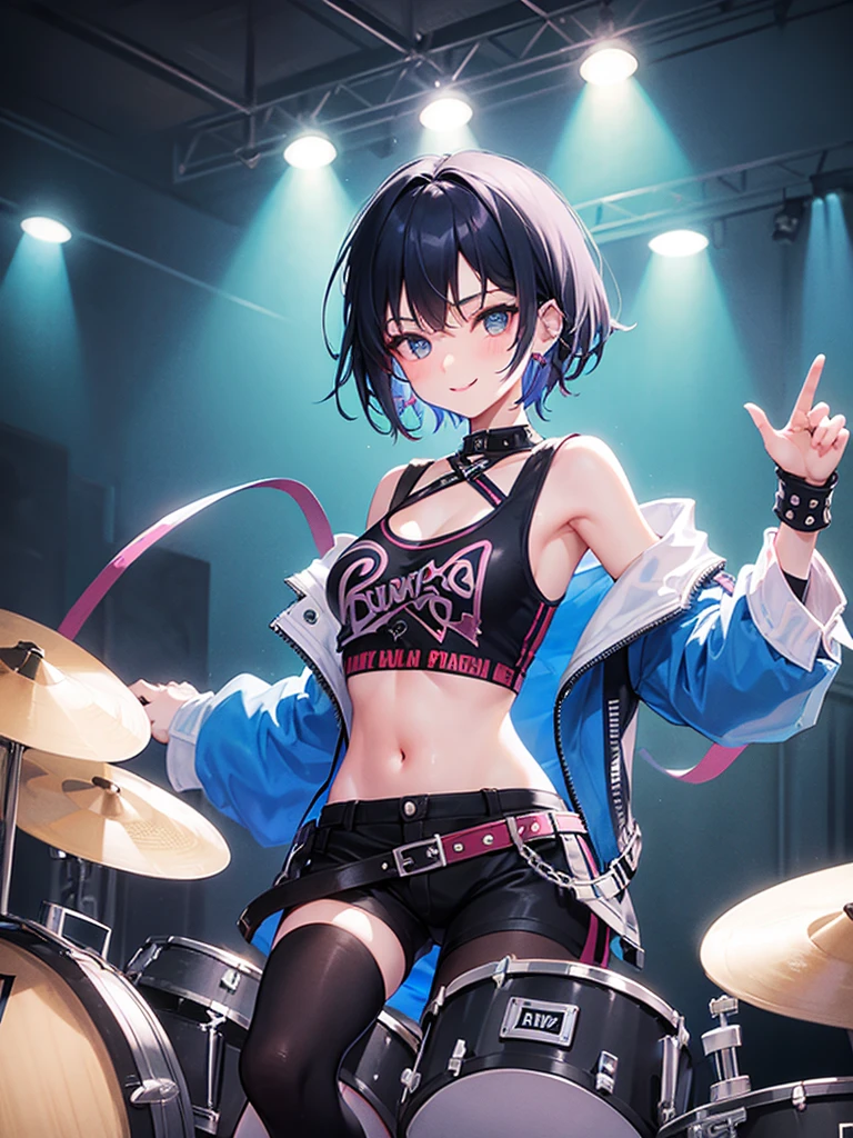Punk girl, short physical stature, short hair, dark blue hair, musical instrument, drums, punk clothes, evil smile, girl playing the drums, sexy girl, torn clothes, punk clothes, drummer girl