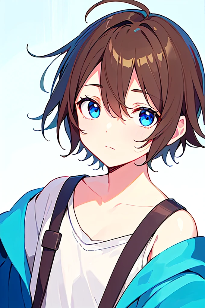 [(WHITE BACKGROUND:1.5),::5], (((masterpiece))), high quality, very_high_resolution, large_filesize, full color, Solo, (1  boy), 13 oldrt brown hair), vivid color, Blue eye, summer clothes, upper body, anime style