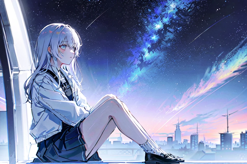 whole body, One girl, Sitting, Gray Hair, Colored eyelashes, starry skies,