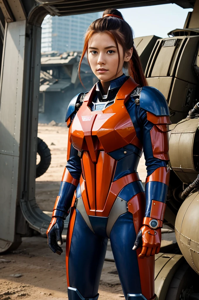 Evangellion Asuka (hair pulled back, iconic pilot suit) is standing next to her Ava(mecha), wartorn city