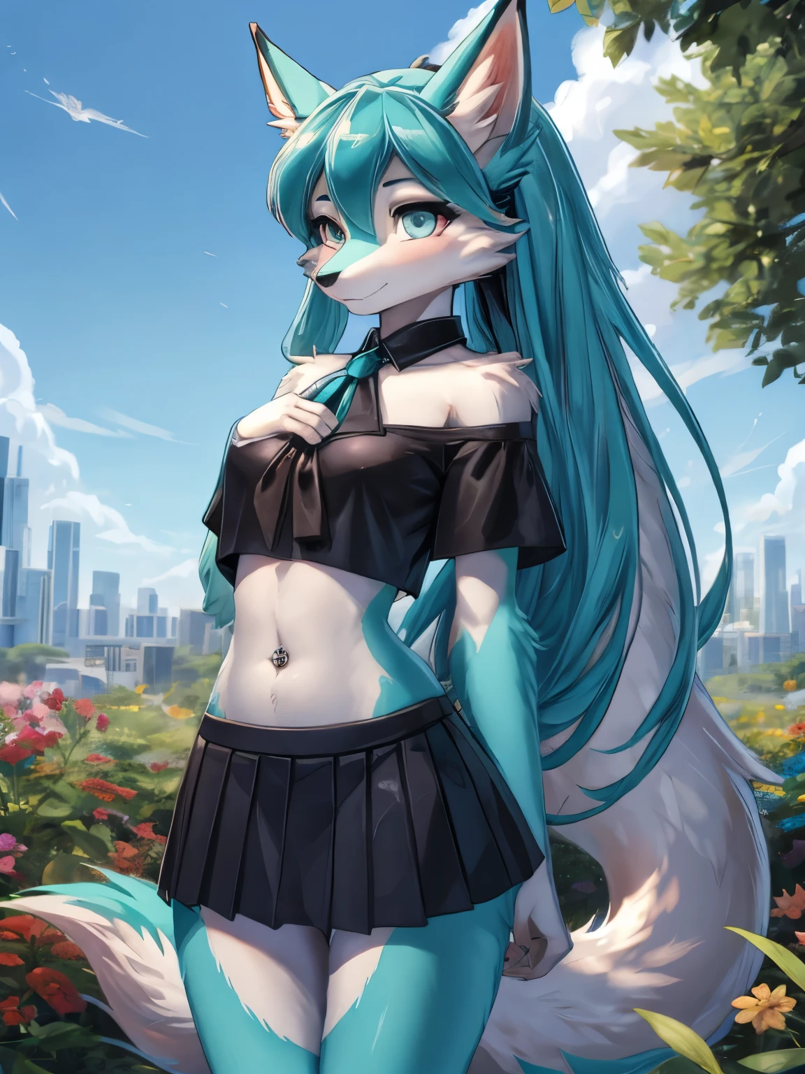 Chica anime, anime style, cute hatsune miku x suicune, shy girl , Orejas de Kitsune, arte de dark natasha, garden landscape, arte de vixen aztra, cuerpo completo, platas hermosas, cintura delgado, caderas amplias, piernas torneadas, hermosa, foto de cuerpo completo, navel blouse, black skirt, navel piercing