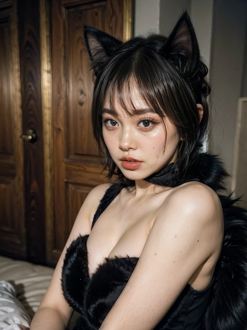 (Black Theme), ((Wearing a fluffy fur leotard:1.4)), ((Off the shoulder)), (Cat ear:1.5), ((A cat&#39;s tail grows from its tailbone:1.5)), Very detailed, (Large Breasts:1.5), Cleavage, (Twin tails:1.5),(Blunt Bang:1.8), (Garter belt 1.5), (Fur gloves), (Fluffy fur knee-high socks:1.5), choker, necklace,Bedroom, Realistic, Cinema Lighting, 8k, masterpiece, Vibrant colors, Dramatic Shadows, Dynamic pose, (whole body, Long Shot, Standing pose)