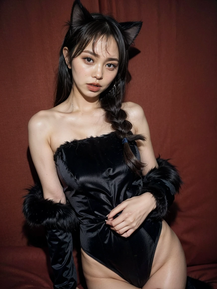 (Black Theme), ((Wearing a fluffy fur leotard:1.4)), ((Off the shoulder)), (Cat ear:1.5), ((A cat&#39;s tail grows from its tailbone:1.5)), Very detailed, (Large Breasts:1.5), Cleavage, (Twin tails:1.5),(Blunt Bang:1.8), (Garter belt 1.5), (Fur gloves), (Fluffy fur knee-high socks:1.5), choker, necklace,Bedroom, Realistic, Cinema Lighting, 8k, masterpiece, Vibrant colors, Dramatic Shadows, Dynamic pose, (whole body, Long Shot, Standing pose)