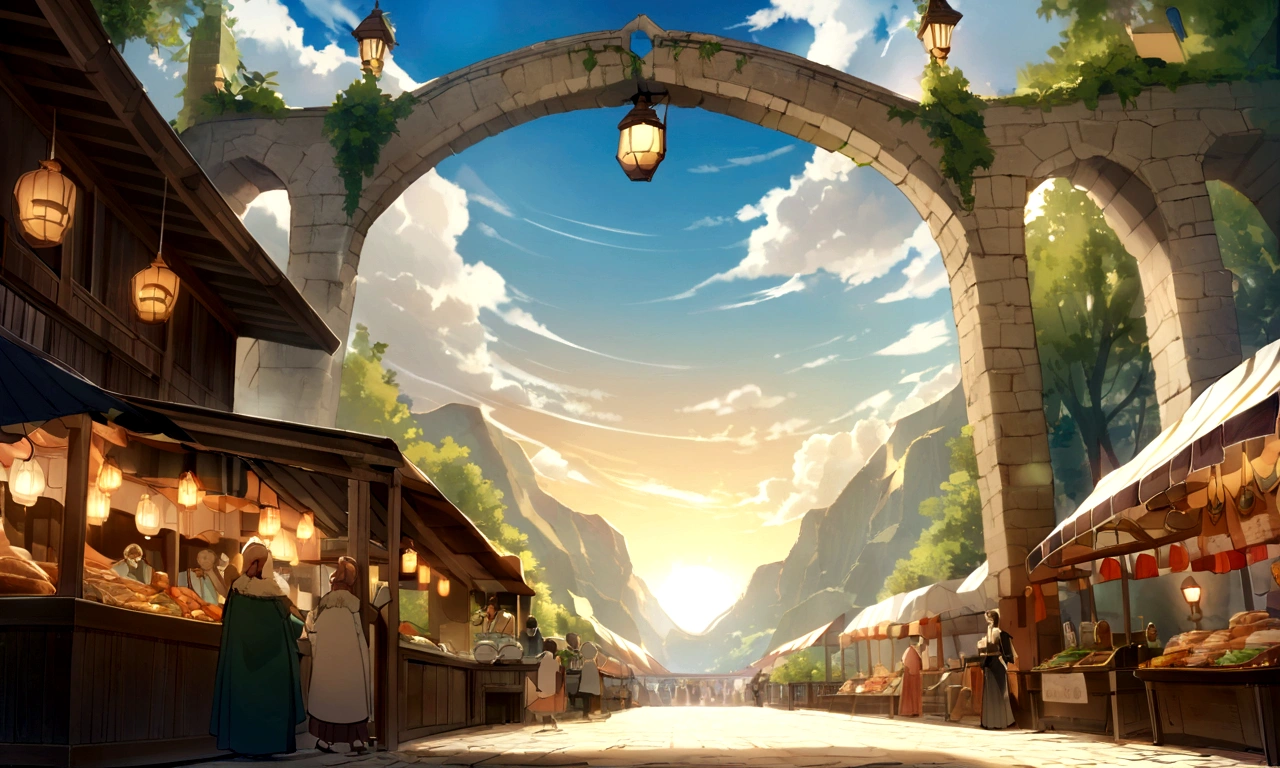 ((((masterpiece, Best Quality, High resolution)))), High detail, manga,anime,Illustrated style,Use of bright colors,Ghibli Studio「Howl's Moving Castle」The colors are like those used in daytime scenes., Medieval European fantasy worldview, There is no castle in the background, Shooting Gallery, Market Square during the day, Sparkling water gushes out in the sunlight., Bustling food stalls,No humans,人の着ている服はGhibli Studioの魔女の宅急便のような雰囲気, RPG-like scenery,The sky is bright blue、Fluffy white clouds floating, And the sun is shining brightly, Create a magical and cozy atmosphere,