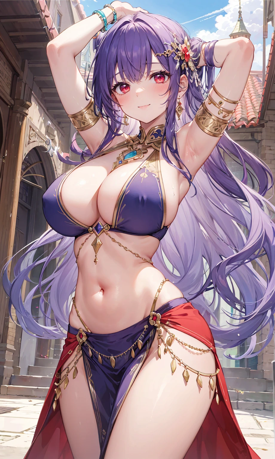 high quality, ultra detailed, best quality, insanely detailed, beautiful, masterpiece, 1girl, medieval plaza, cowboy shot, red eyes, long hair, purple hair, belly dancer, circlet, earrings, armlets, bracelets, bashful smile, large breasts, cleavage, soft stomach