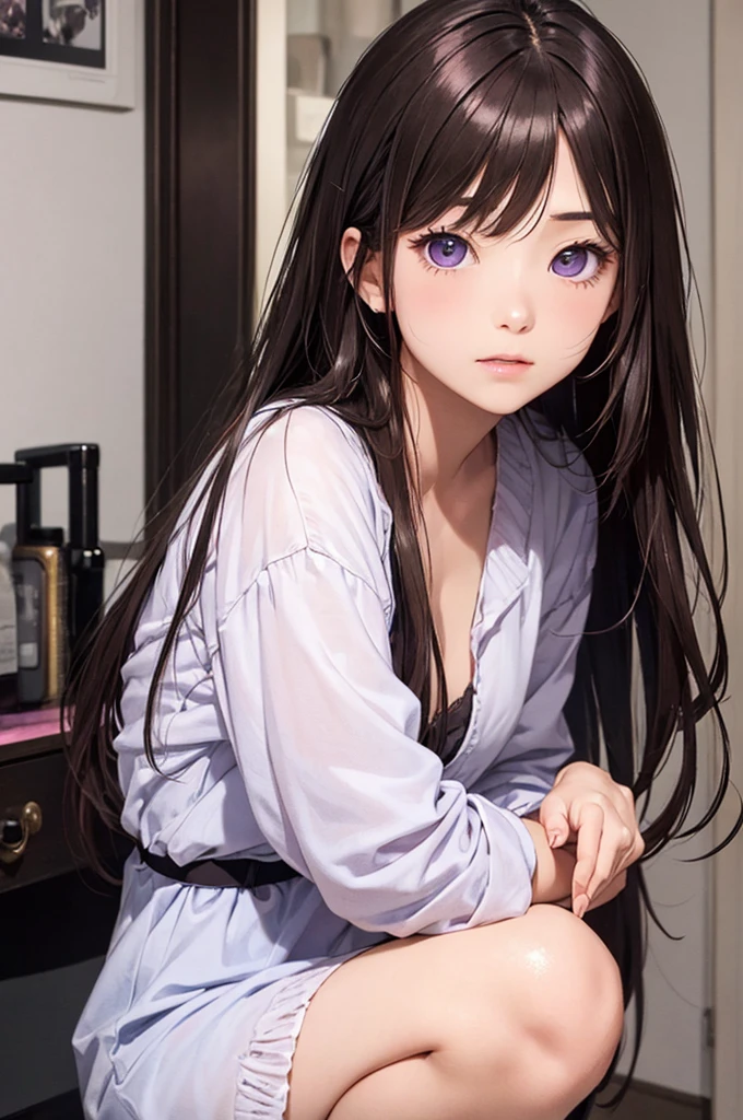 Realism, 1 Girl, Very shiny brown long hair,、Purple eyes、Do not wear anything on your entire body、No clothes、I can't even wear underwear、Naked、Boobs fully visible、Nipples fully visible、Vagina in full view、No clothes、No underwear、Full nudity、Big black earrings、Black Choker、Very erotic lewd pose, Big Boobs、Big Boobs, Big butt, Narrow waist, Skin gloss, Sweating profusely、My whole body is wet with sweat、Lots of drooling、Mouth wide open、Red face with embarrassment、Looking at this、Heavy breathing、His hands are tied tightly behind his back、It stopped working、Cowgirl、squat、Spread your legs wide、I pee a lot、make me urinate。Expressions of joy and climax、Excessive fluid coming from the breasts、Inside the very dirty men's restroom、