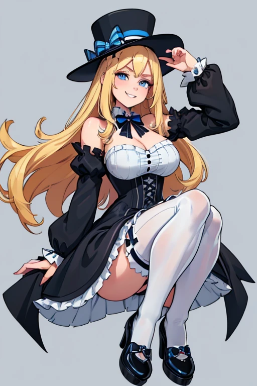 female, blonde long hair with blue bow, blue eyes, pale skin, (((1girl))), (((black long sleeve gothic dress with white trim))), (blue bows), (white and blue striped stockings), (black Mary Jane shoes), (black top hat with blue trim), cute and sexy, full body, big breasts, long legs, smiling