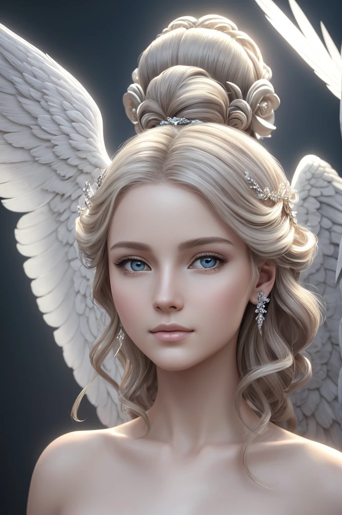 ((best quality)), ((realistic,digital art)), (hyper detailed) a beautiful angel woman with halo of light, semi-nude, intricate detailed face, delicate facial features, porcelain skin, ethereal, serene expression, elegant pose, feathered wings, graceful, divine, shimmering light effects, cinematic lighting, chiaroscuro, dramatic shadows, muted color palette, romantic, dreamlike, mystica