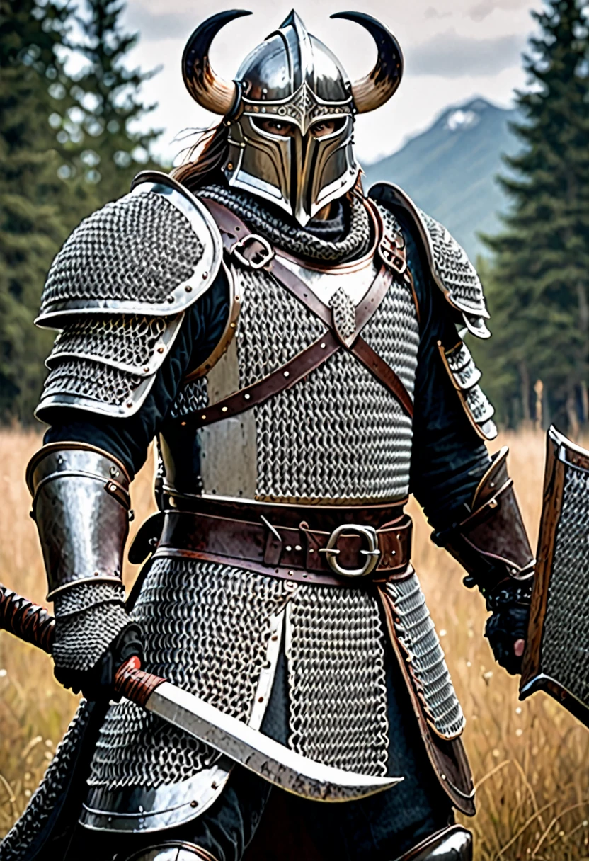 a warrior wearing chainmail armor with tusks while wielding a dark grey battleaxe