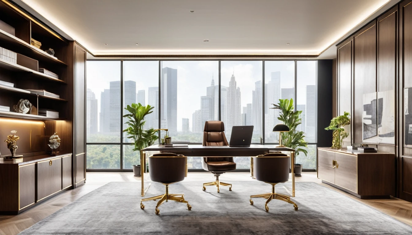 A sophisticated CEO office designed with top-quality materials, viewed from a wide-angle perspective and bathed in daylight. The large desk is complemented by a background of sleek filing cabinets and tasteful decorations. The overall ambiance is one of luxury and professionalism, creating an inspiring work environment