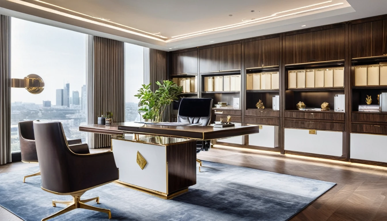 A sophisticated CEO office designed with top-quality materials, viewed from a wide-angle perspective and bathed in daylight. The large desk is complemented by a background of sleek filing cabinets and tasteful decorations. The overall ambiance is one of luxury and professionalism, creating an inspiring work environment
