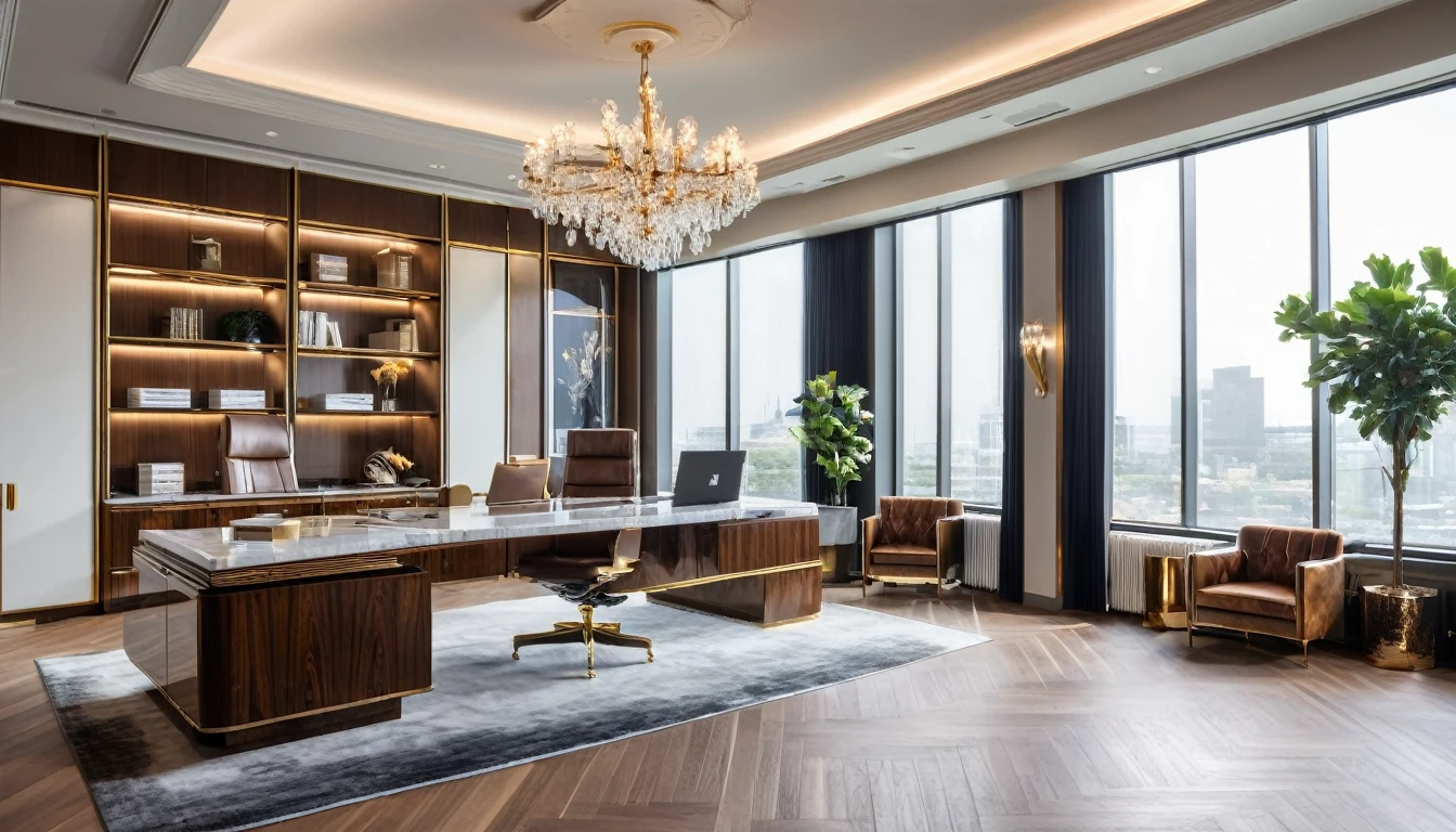A sophisticated CEO office designed with top-quality materials, viewed from a wide-angle perspective and bathed in daylight. The large desk is complemented by a background of sleek filing cabinets and tasteful decorations. The overall ambiance is one of luxury and professionalism, creating an inspiring work environment