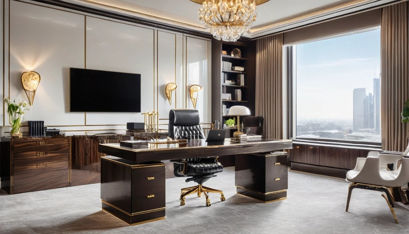 A sophisticated CEO office designed with top-quality materials, viewed from a wide-angle perspective and bathed in daylight. The large desk is complemented by a background of sleek filing cabinets and tasteful decorations. The overall ambiance is one of luxury and professionalism, creating an inspiring work environment