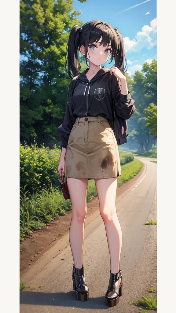 young country teen, tall open-toed platform high heels, countryside, dirt road, black hair in pigtails, dirty, ragged clothes