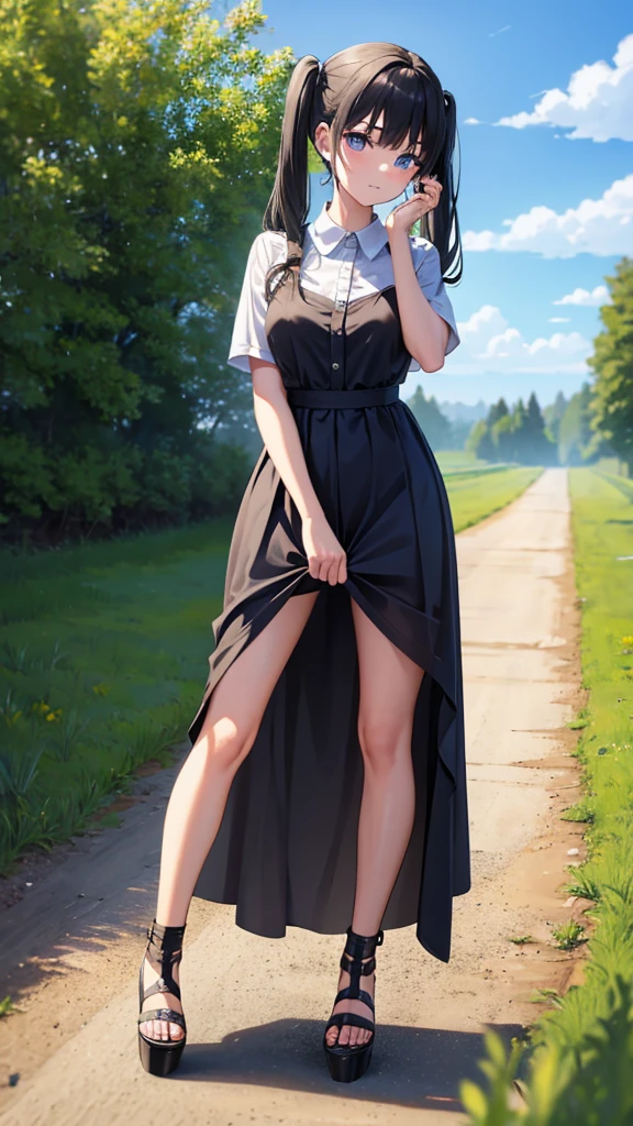 young country , tall open-toed platform high heels, countryside, dirt road, black hair in pigtails, dirty, ragged clothes
