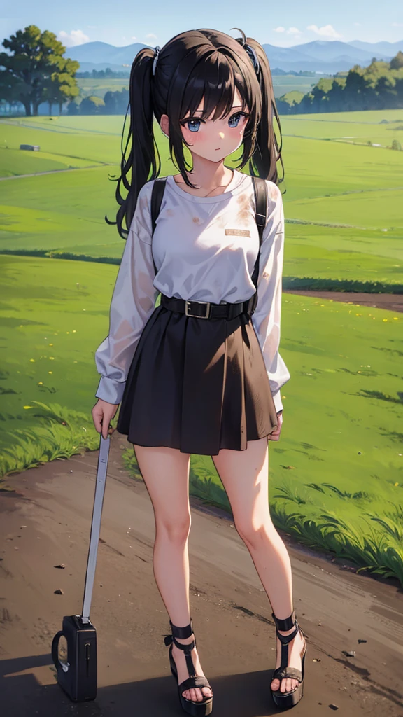 young country , tall open-toed platform high heels, countryside, dirt road, black hair in pigtails, dirty, ragged clothes