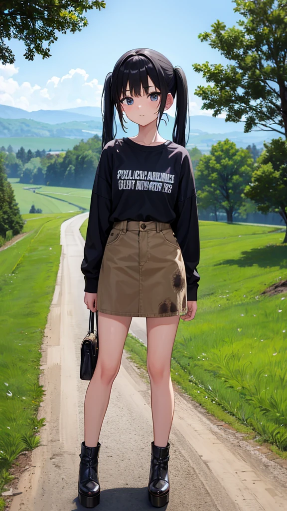 young country teen, tall open-toed platform high heels, countryside, dirt road, black hair in pigtails, dirty, ragged clothes 