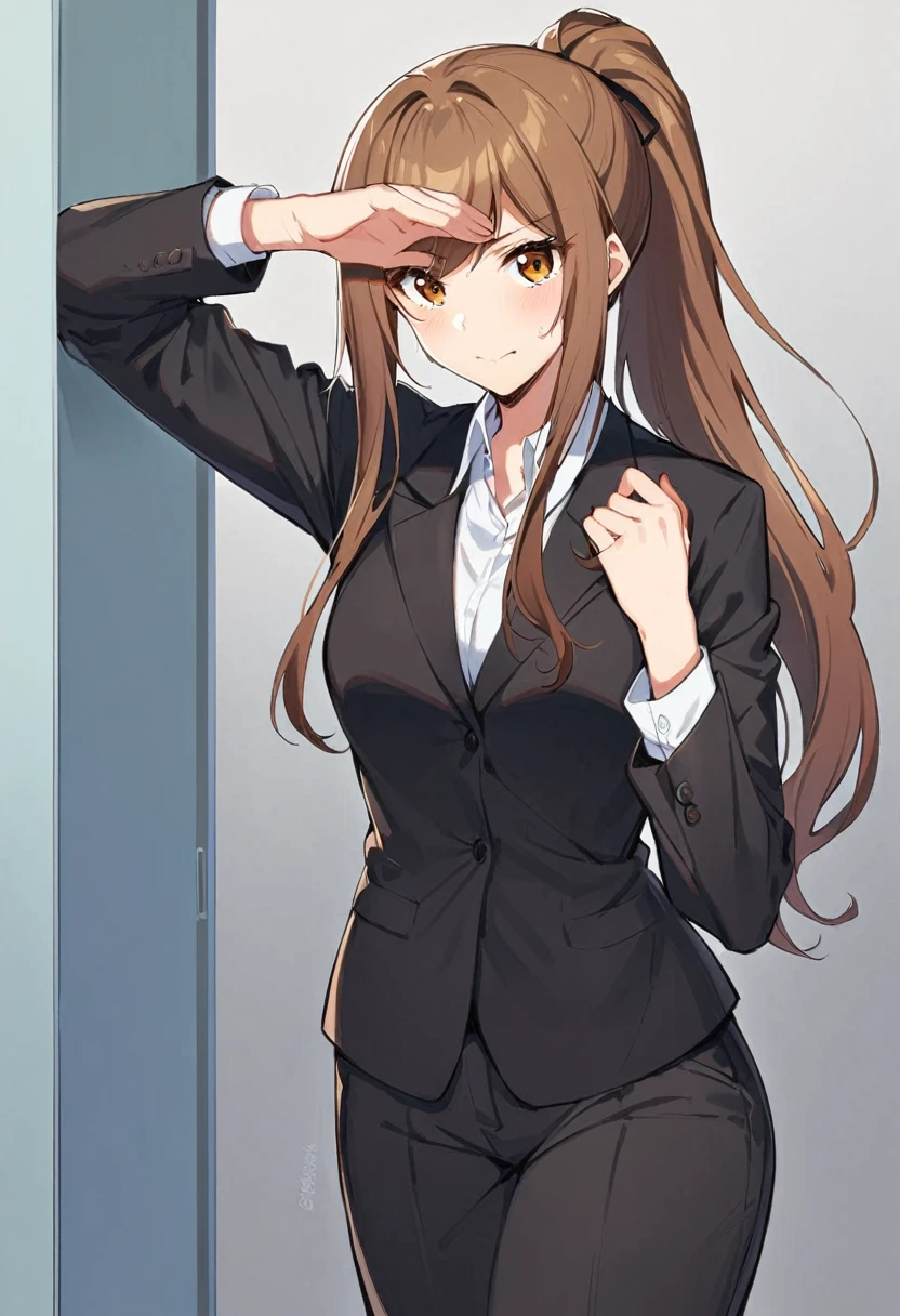 1 Girl, suit, office lady, Black trousers, Black blazer, Brown Hair, Long Hair, teenager, ponytail, Cover your nose with your hand