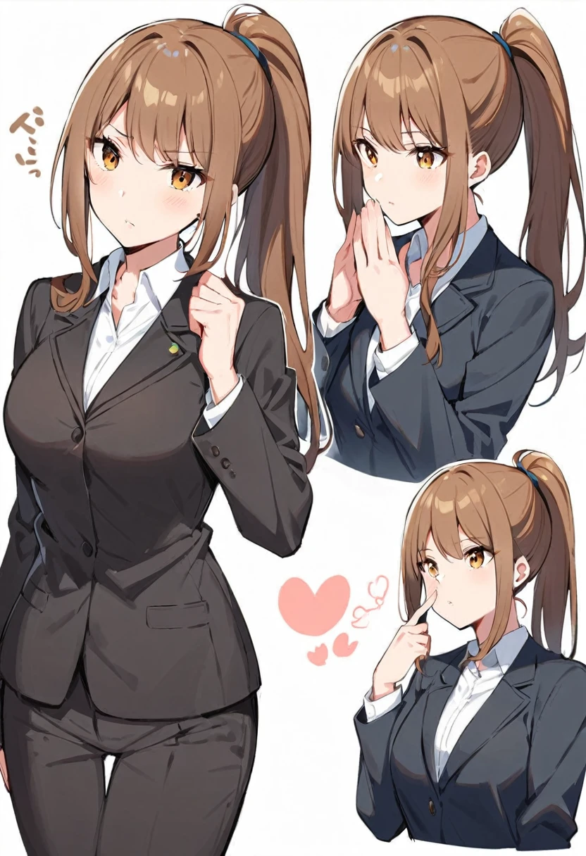 1 Girl, suit, office lady, Black trousers, Black blazer, Brown Hair, Long Hair, teenager, ponytail, Cover your nose with your hand