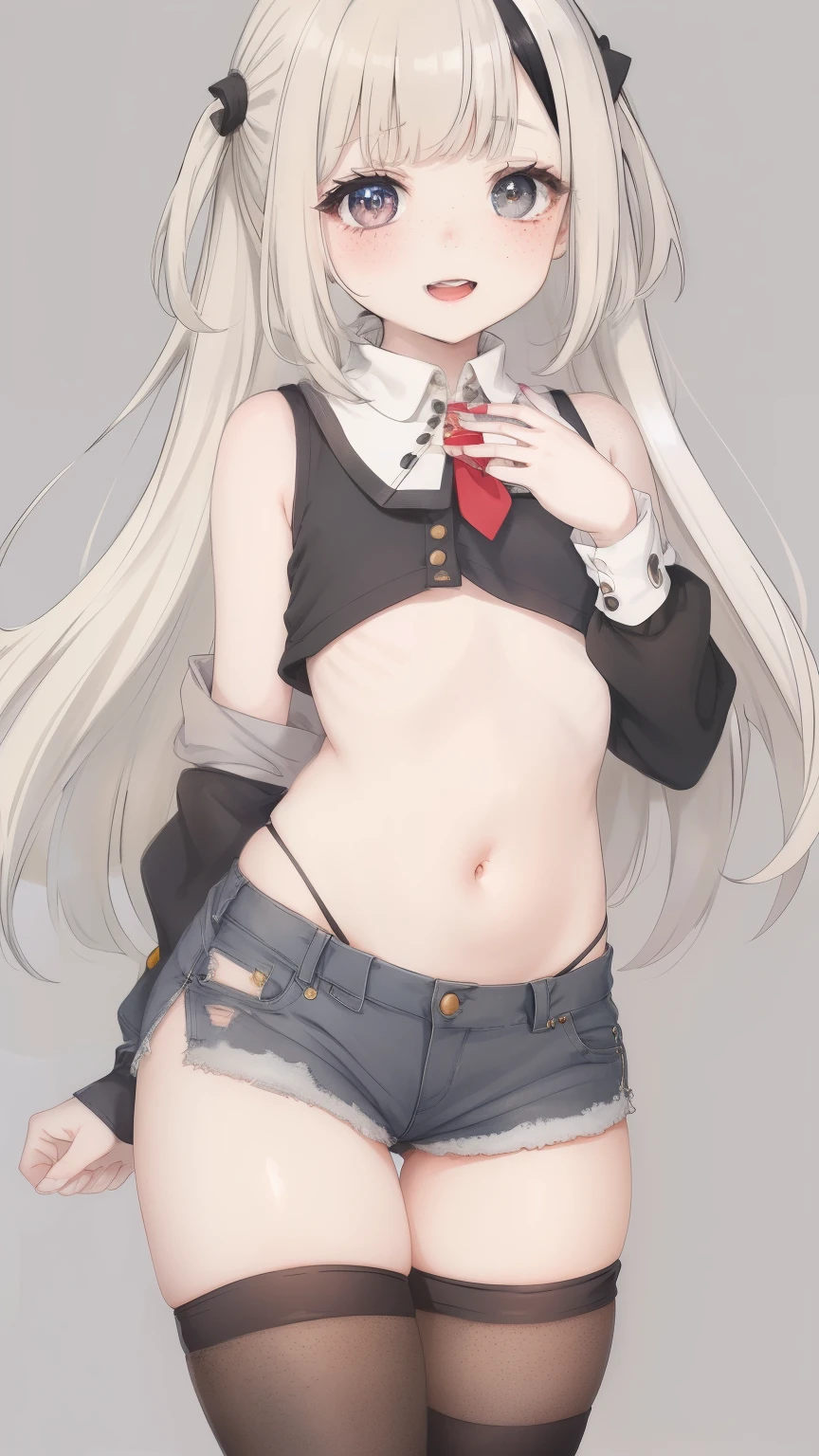4K, masterpiece, 8k, high quality, 最high quality,10歳のcute少等生, Very white skin, Long brown hair,a bit,Low length,freckles,Thin eyebrows,Straight bangs,(Flat Chest) ,feminine, freckles, Tilt, elegant, elegant, cute, smile, cute, Hilarious, belly button, Denim Low Rise Mini Skirt, ((Black knee socks)), (Ugly clothes)、((Gray background))